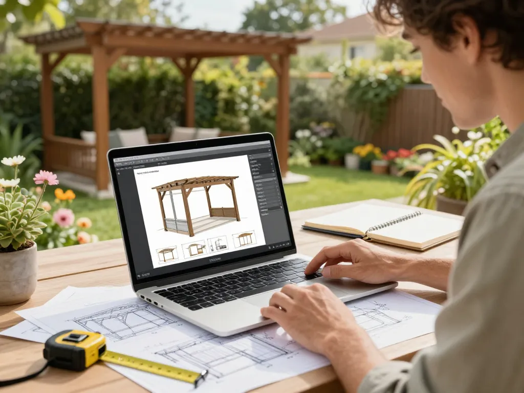 Designing a custom outdoor space with a software configuratore pergole on a laptop amidst sketches and green garden.