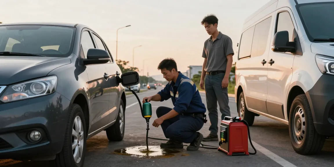 Technician draining petrol in diesel car at sunset roadside service