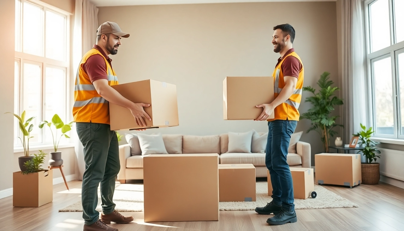 Movers Edmonton carefully handling boxes in a bright living room setting.