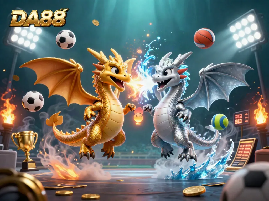 Engage with DA88 through a vibrant 3D illustration of gold and silver dragons, showcasing sports betting excitement.