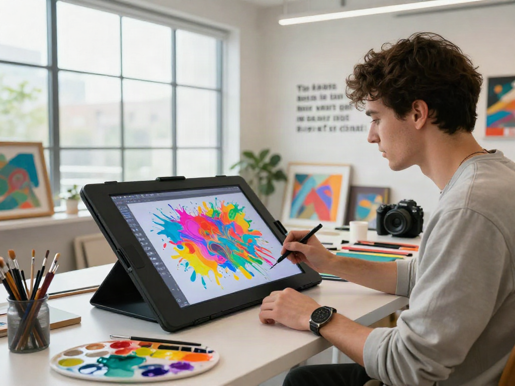 Artist creating AI-driven artwork in a bright studio environment with elements of 18+ ai