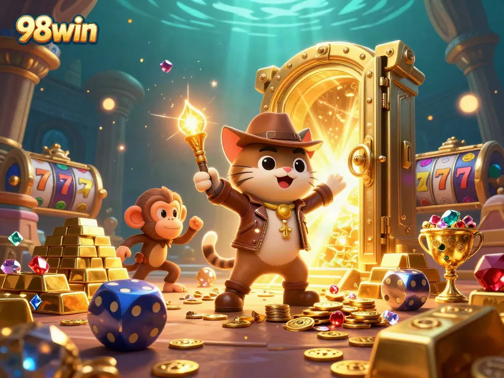 Experience thrilling wins with 98win in a vibrant casino-themed illustration bursting with excitement.