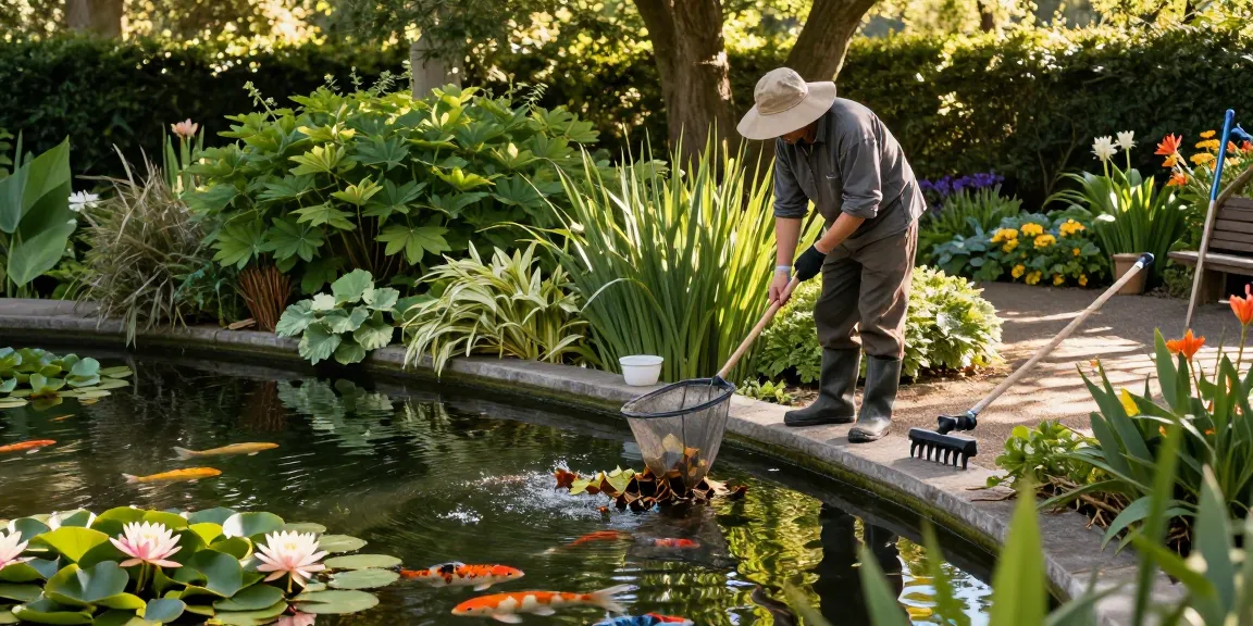Professional Pond Cleaning Surrey with a pond cleaner removing leaves and debris from a tranquil garden pond.