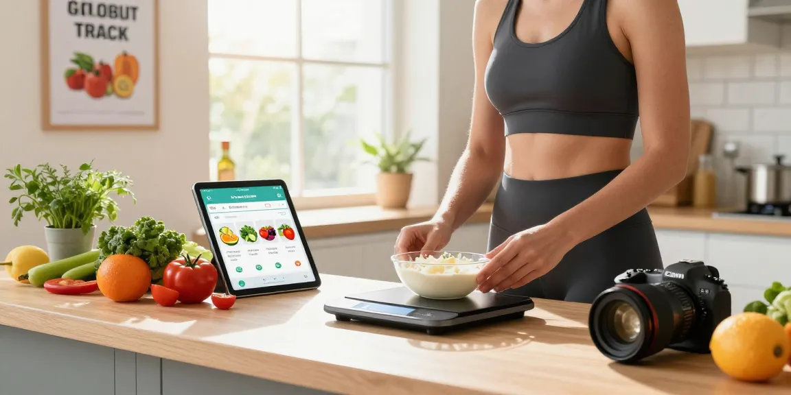 Person utilizing the best AI calorie tracker to measure fresh ingredients for healthy meal preparation in a bright kitchen.