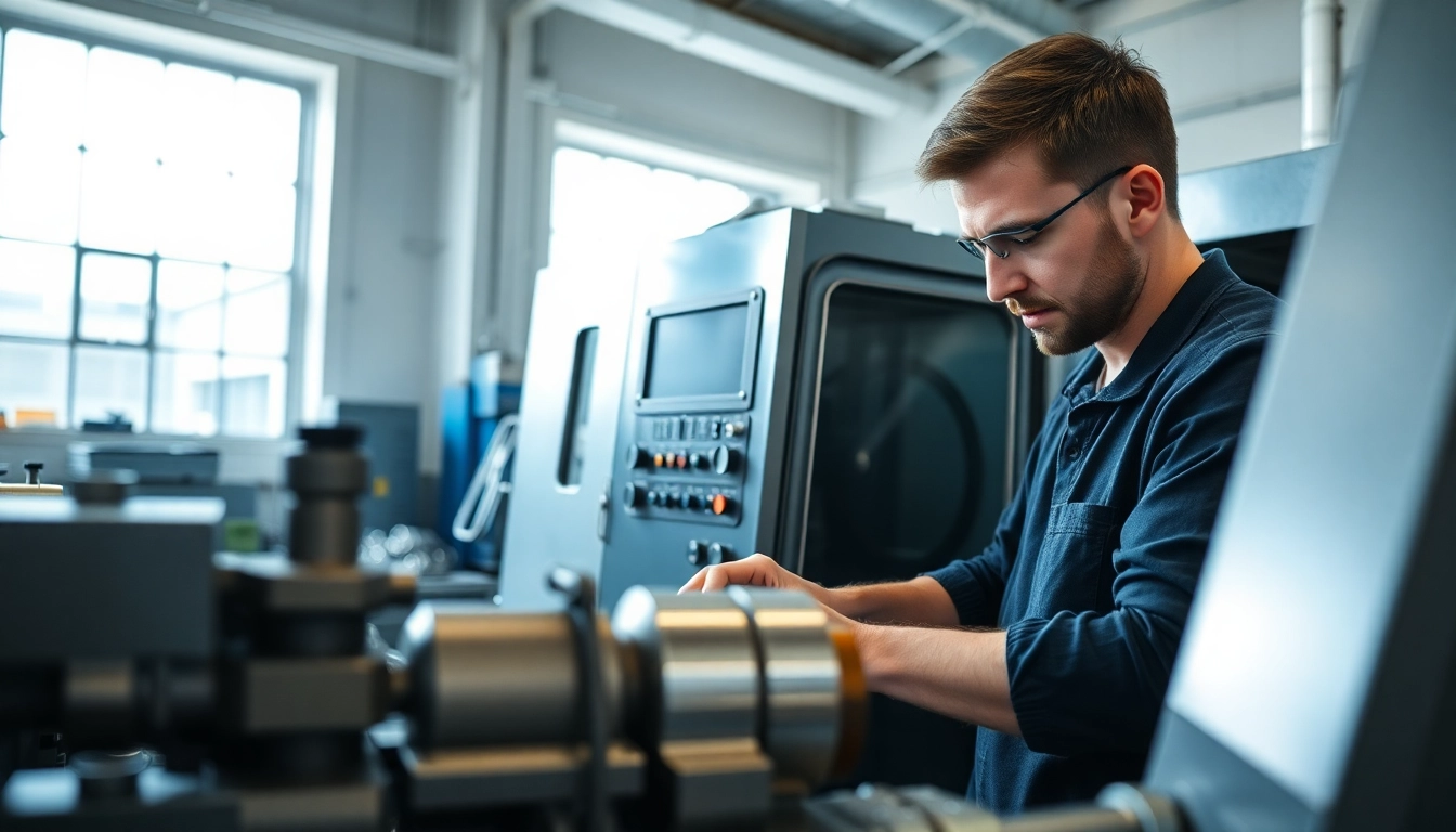 Custom part manufacturer in a CNC machining workshop, showcasing a technician with precision tools.