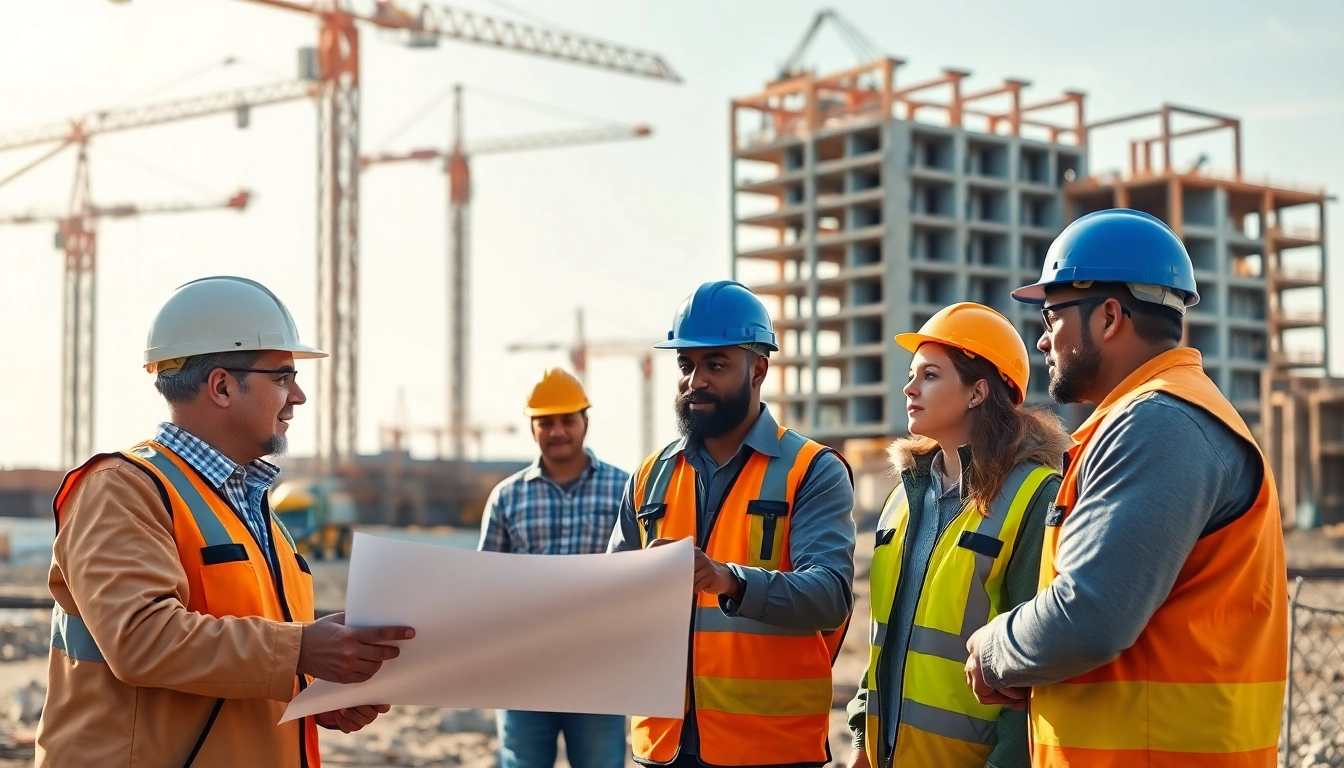 Construction workforce development highlighted by diverse workers collaborating at a busy construction site.