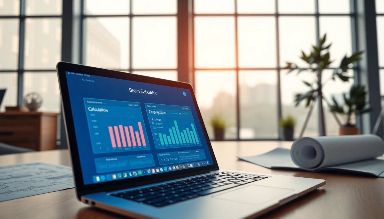Calculate structural load efficiently with our beam calculator on a sleek laptop in a professional office.