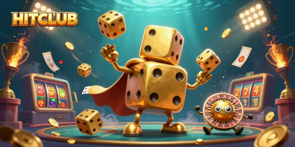 HITCLUB showcases exciting slots and jackpots in a dynamic casino illustration.