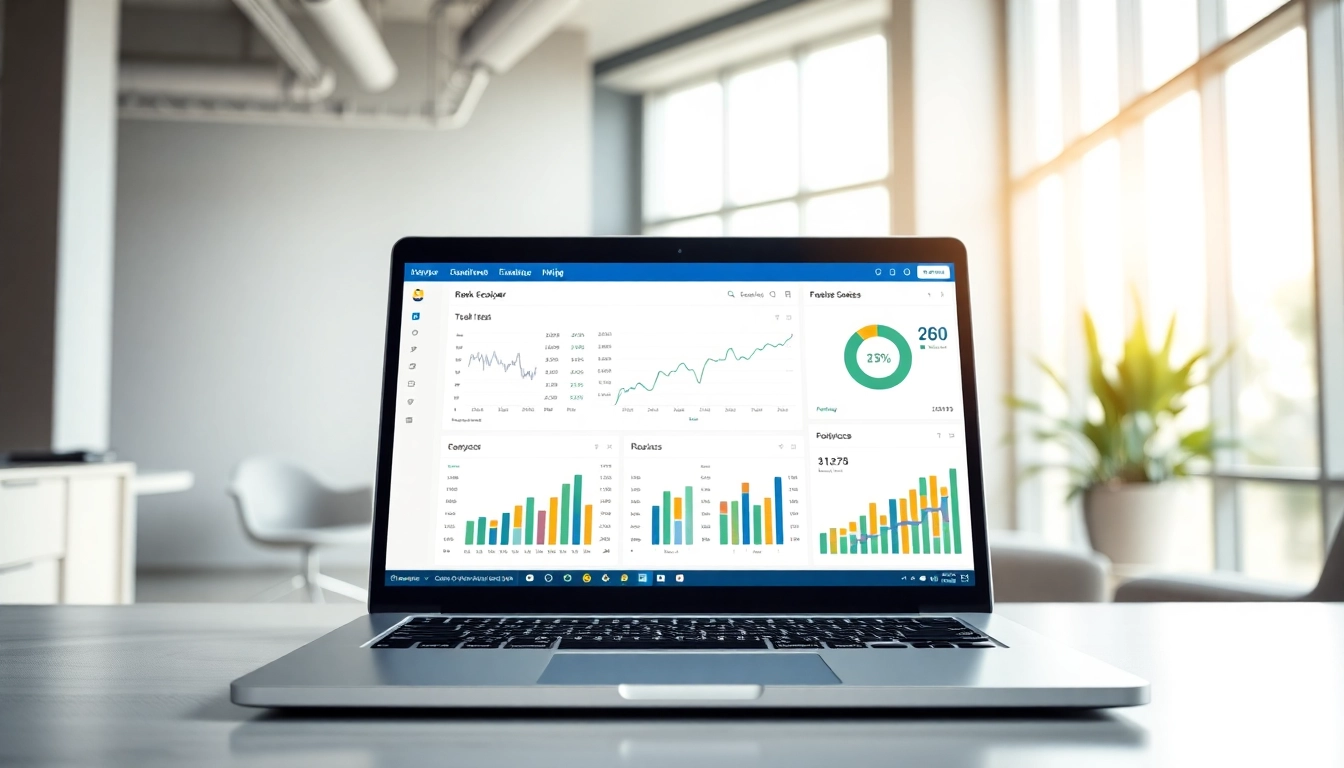 Visualize SEO Rank Tracker dashboard on a laptop, emphasizing data analysis and clarity in a professional setting.