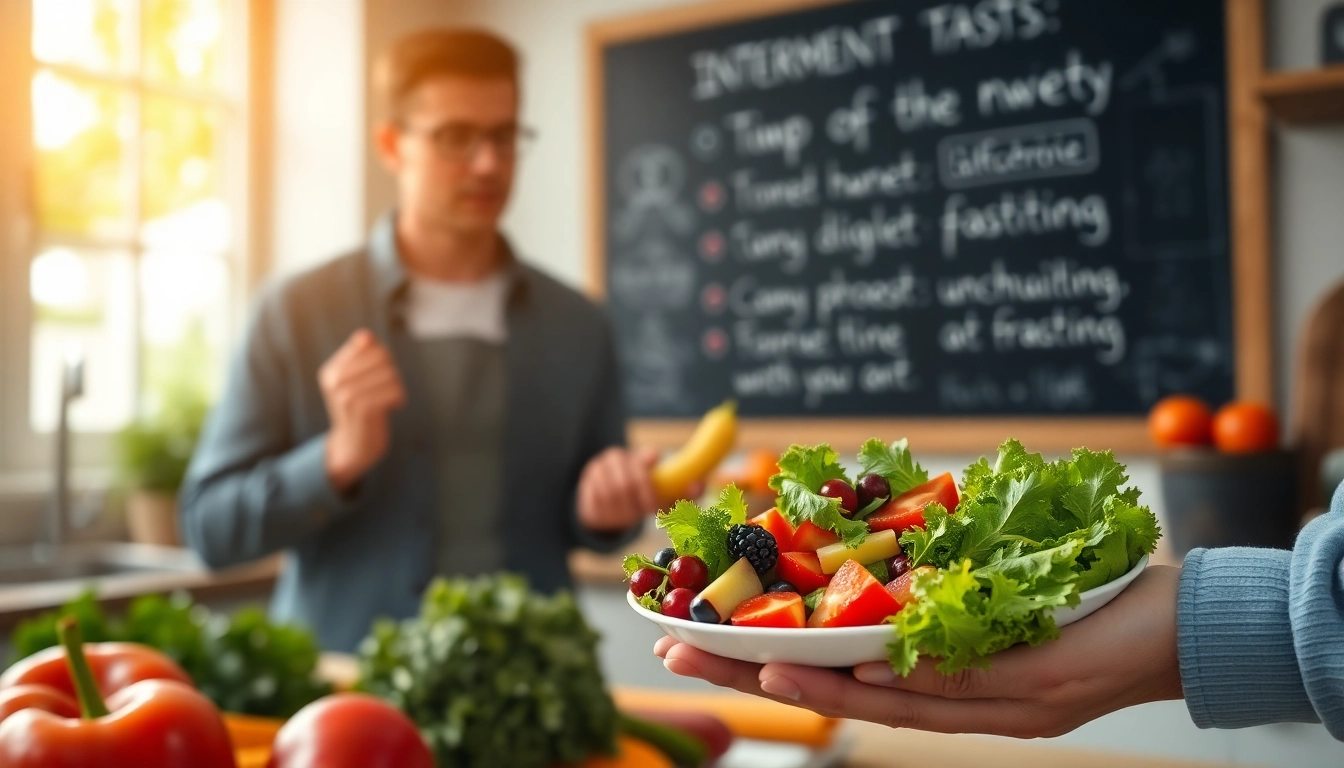 Analyze intermittent fasting meal plans with a colorful array of fruits and nutritious foods.