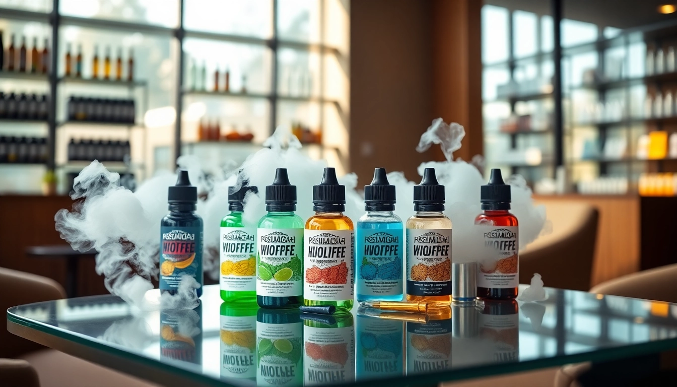 Showcasing vape juice bottles elegantly displayed with vapor clouds enhancing the setting