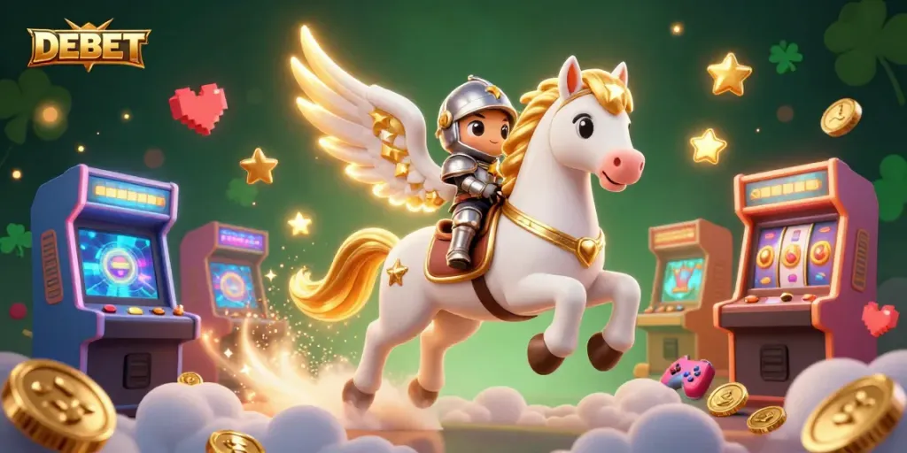 Engage with DEBET's vibrant gaming universe featuring colorful casino elements and a celestial horse.