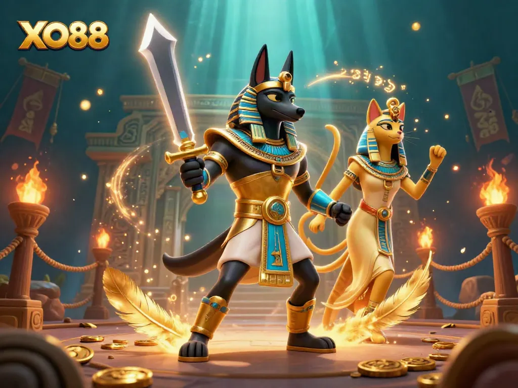 Experience the thrill of gameplay with XO88, featuring an ancient Egyptian warrior in an action-packed casino scene.