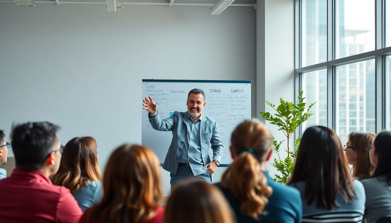 Engaging business coach near me leading a diverse group in a workshop.