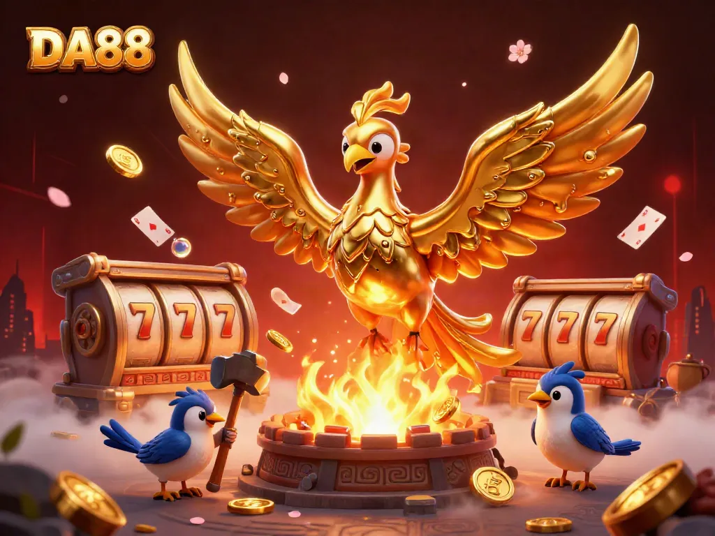DA88 casino celebration with a molten phoenix, coins, and vibrant slot reels exploding with prizes.