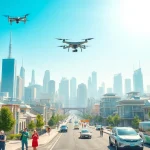 Innovative scene showcasing technology in a vibrant city, with people actively engaging with gadgets.