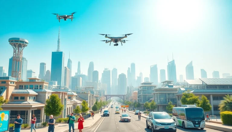 Innovative scene showcasing technology in a vibrant city, with people actively engaging with gadgets.