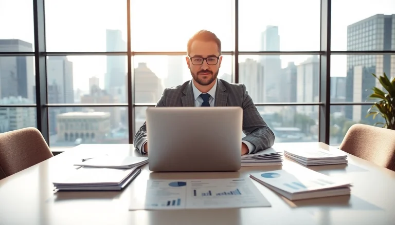 Engaging scene of a fractional cfo firm showcasing a professional in a corporate office.