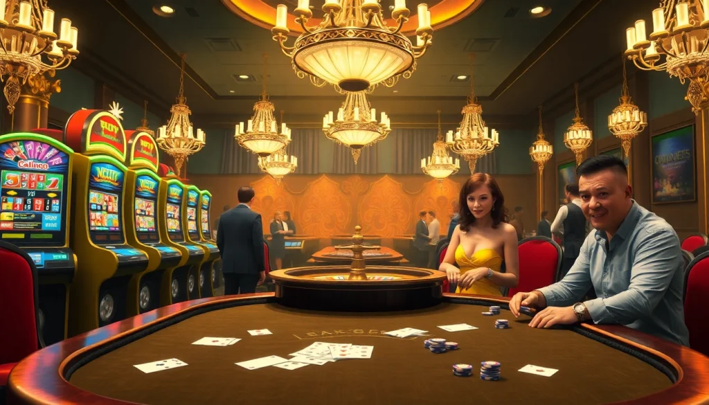 Experience exciting gameplay with vibrant gaming scenes at https://xx88.pizza/ featuring luxurious slot machines and poker tables.