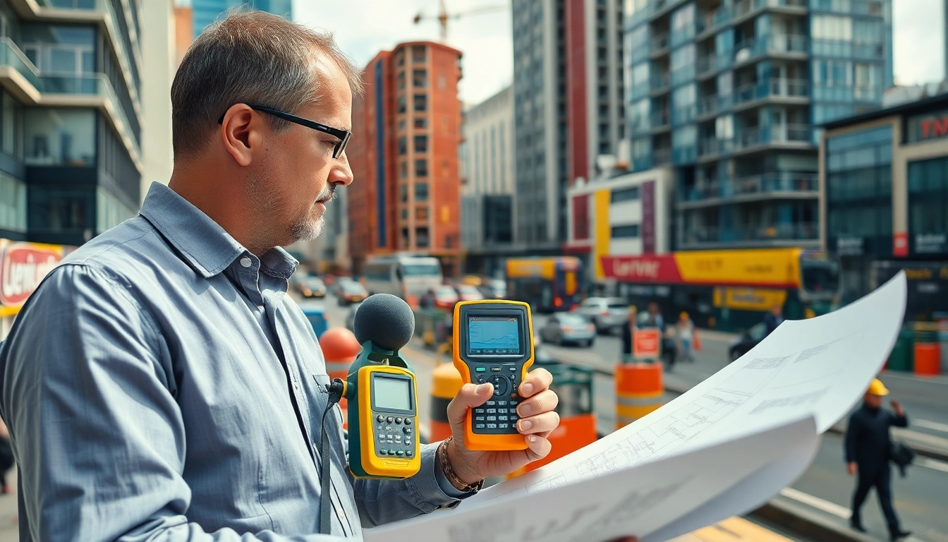 Evaluate a noise impact assessment in an urban setting with professional tools and surroundings.