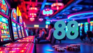 Menggambar suasana ramai di kasino dengan logo bos88 yang mencolok dan pemain yang ceria.