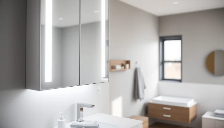Spiegelschrank mit LED Beleuchtung in modernem Badezimmer mit schickem, minimalistischen Design.