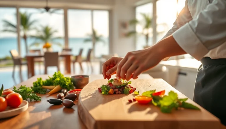 Private chef Sint Maarten crafting an exquisite dish in a luxurious villa kitchen.