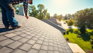 Showcasing reliable roofing services, a contractor assesses a roof while a crew performs maintenance work.
