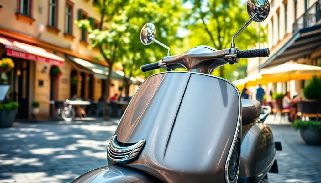 Vespa scooter in rollerzentrale münchen, showcasing its beauty in a vibrant cityscape.