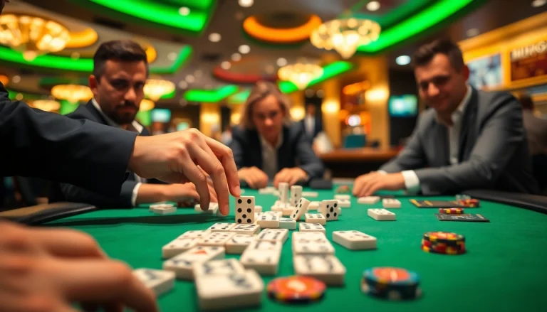 Permainan Domino88 poker game dengan pemain terlibat yang tegang di meja, menunjukkan kartu dan domino.