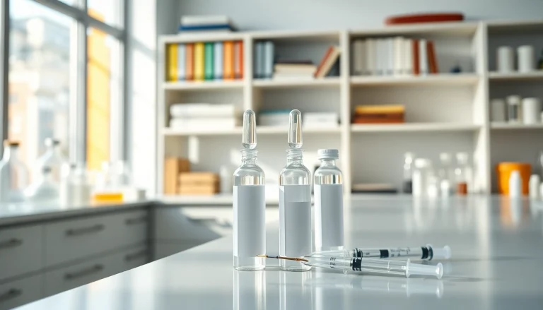 Buy peptides online safely in a professional laboratory setting with ampoules and syringes.