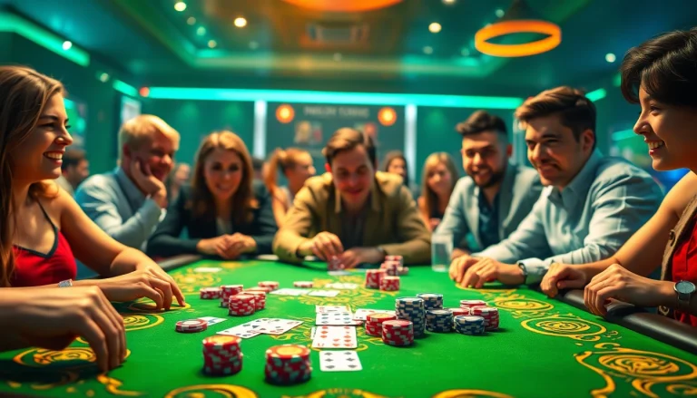 Peserta menikmati permainan Domino88 poker game dengan antusias di meja poker penuh warna.