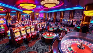 Experience the vibrant gambling world of KJC AC 1 with players enjoying casino tables and slot machines.