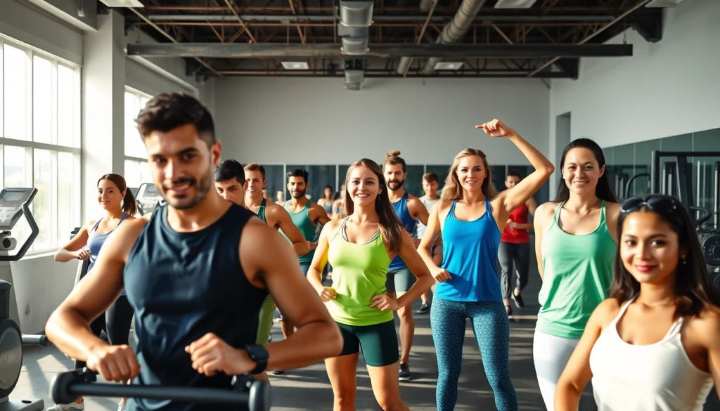 Engaged individuals using fitness equipment in a vibrant gym, focusing on 888 new health trends.