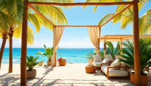 Relaxing coastal cabana with a charming beach house and ocean view inviting guests.