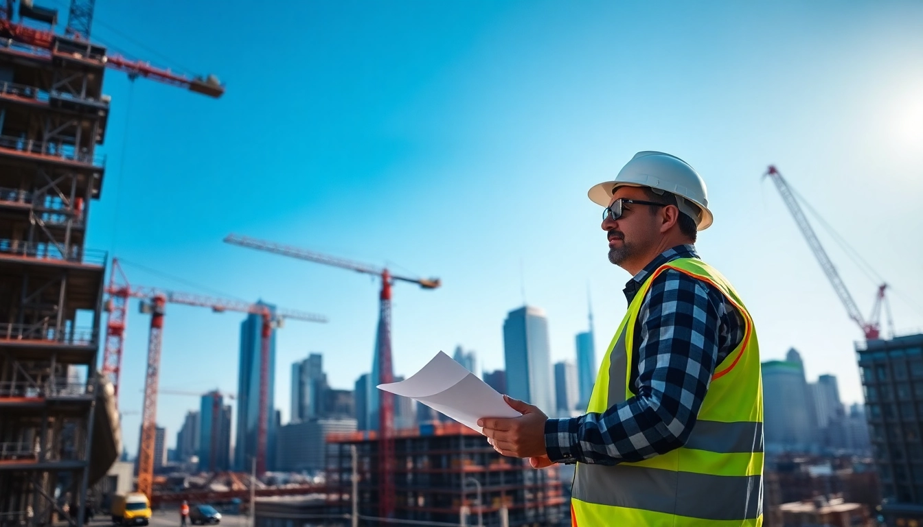 A New York City Construction Manager leading a team at an urban construction site, dynamic atmosphere with cranes.