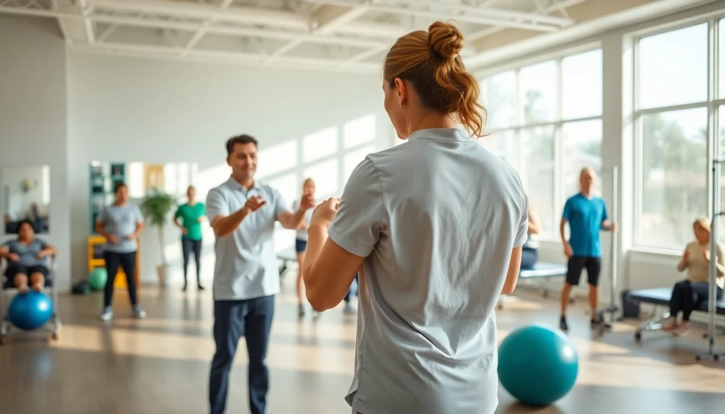 Teamwork at Health in Motion Rehabilitation, showcasing physical therapy sessions with diverse patients.
