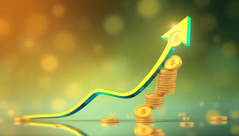 Explore trending coins listing with an upward arrow of coins, symbolizing investment growth.