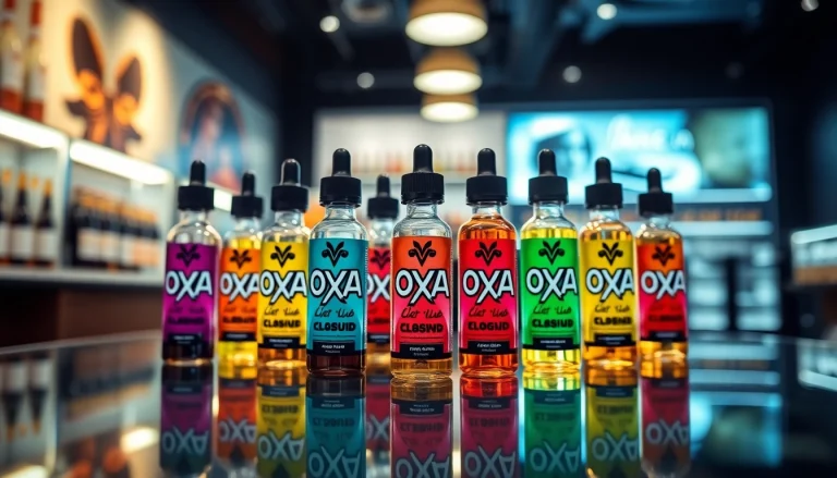 Oxva Liquid Flaschen stilvoll auf einem Tisch präsentiert, lebendige Farben und modernes Ambiente.