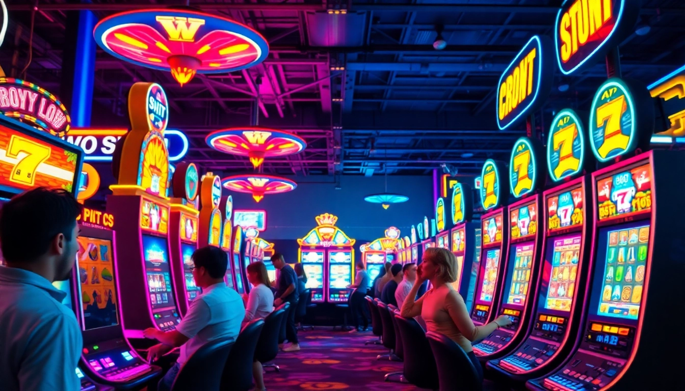 Jewel4d login slot dengan suasana kasino yang meriah, pemain berinteraksi dengan mesin slot.