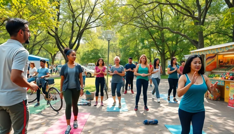 Engaging in Health activities outdoors with diverse individuals in a vibrant park setting.