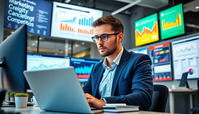 Analyze RR88 competition data in a vibrant office setting with digital marketing strategies.