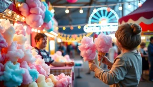 Geniet von heerlijke wafel katoen met vrolijke kleuren aan een pretpark kraam.