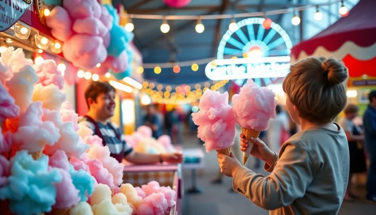 Geniet von heerlijke wafel katoen met vrolijke kleuren aan een pretpark kraam.