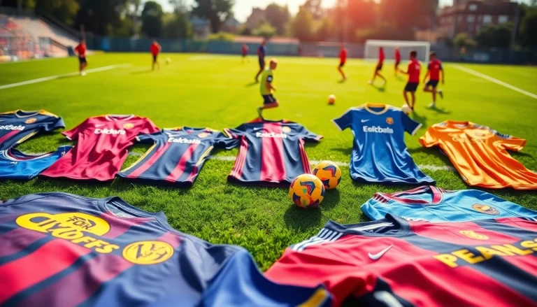 Showcase of vibrant football kits on a pitch, highlighting team logos and designs.