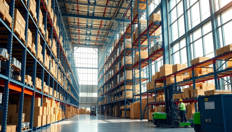 Find a modern warehouse near me with organized storage and bustling activity.