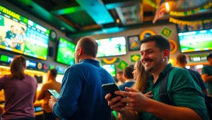 Engaged fans in sports betting in Brazil showcasing live games and mobile apps at a vibrant sports bar.