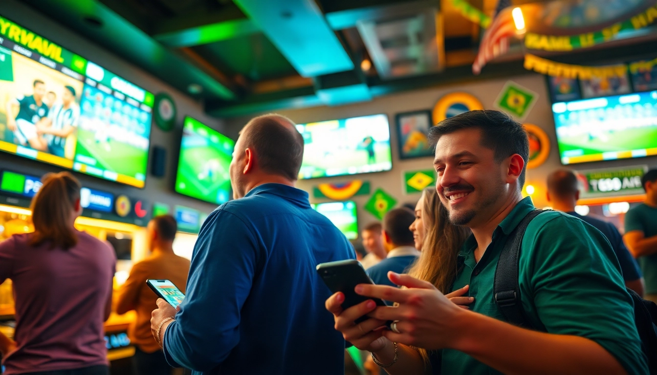 Engaged fans in sports betting in Brazil showcasing live games and mobile apps at a vibrant sports bar.