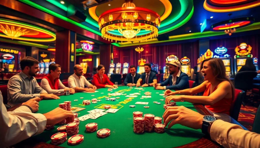 Thrilling poker play at a vibrant casino scene inspired by https://whycazino.com, showcasing excitement and luxury.