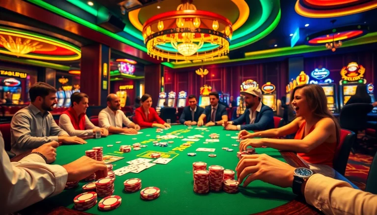 Thrilling poker play at a vibrant casino scene inspired by https://whycazino.com, showcasing excitement and luxury.